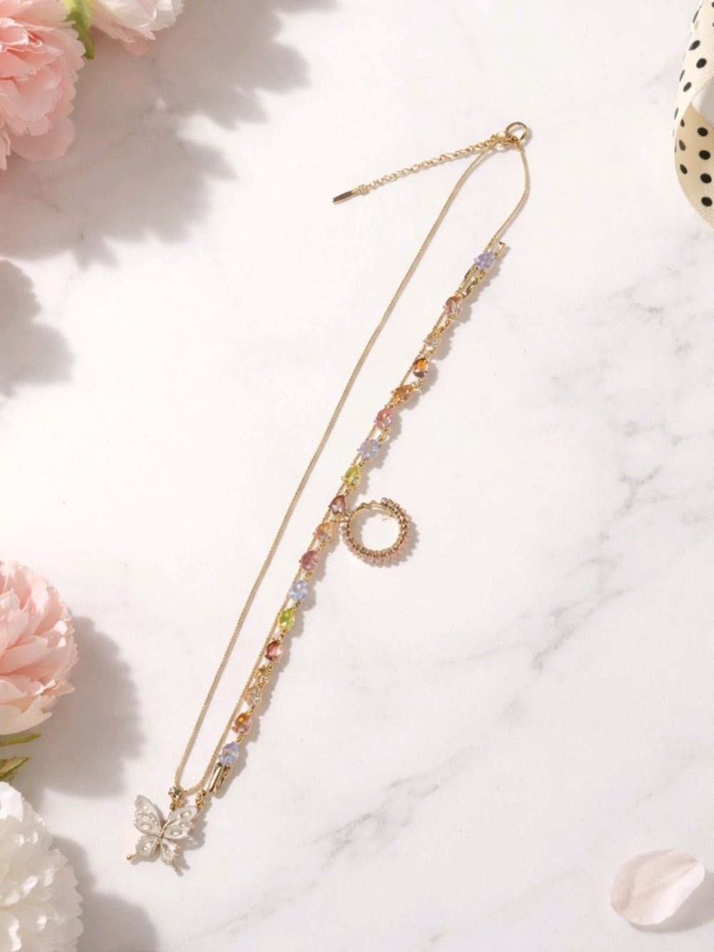 SALE-Gold Butterfly Pendant Necklace with Multicolor Stones - Women Jewelry $45